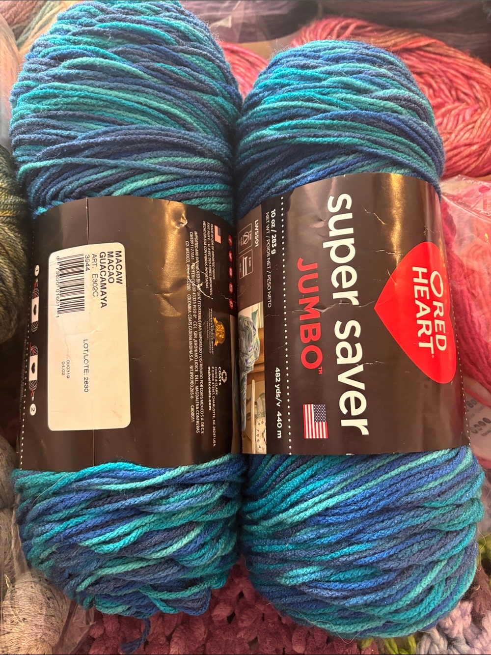 2 skein set of Super Saver Jumbo - Blue Teal Ombre Macaw Color